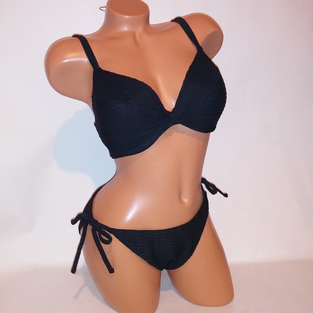 Victoria Secret Swim Bikini 34DD Top XL Bottom Push Up Black Textured Solid New